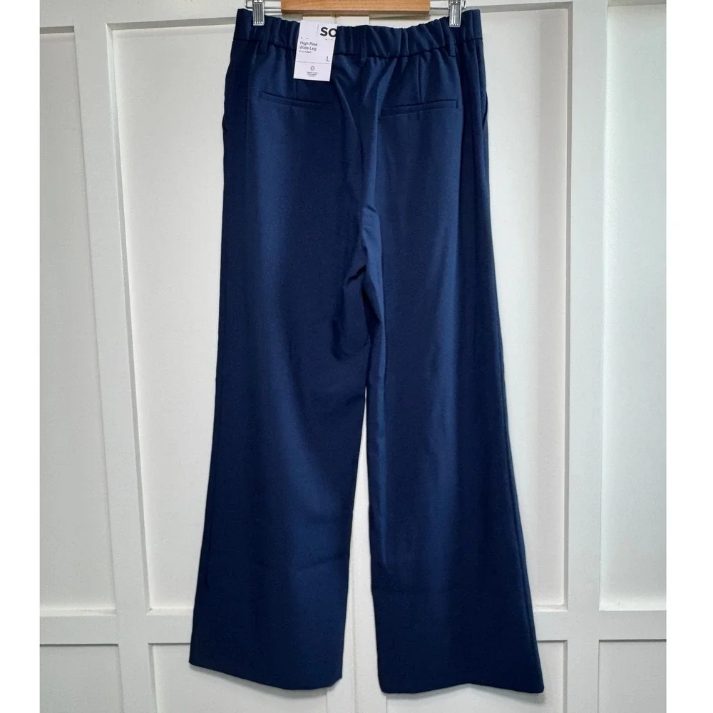 SO Womens High Rise Wide Leg Trouser Navy Blue Pleated Pants JG52X772RS Size L - Picture 2 of 9
